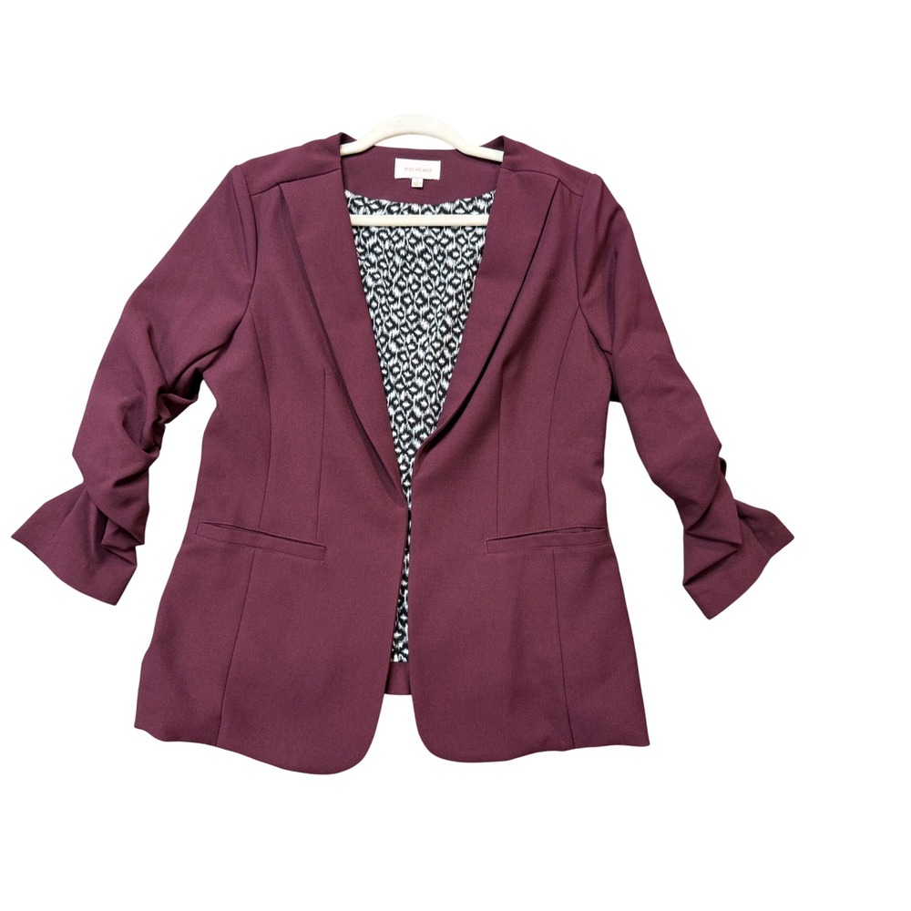 Skies Are Blue Blazer Womens Small Burgundy Excellent Ruched 3/4 Sleeve Lined